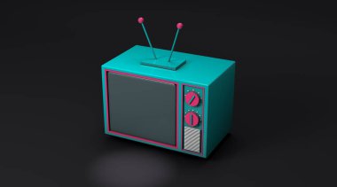 3D rendering, Realistic mock up of colorful retro cartoon television with empty space, close up on top front side view, dark room background. clipart
