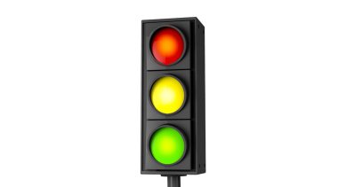 3D görüntüleme, gerçekçi yakın yeşil, sarı ve kırmızı trafik ışıkları yan görünüm, trafik tabelası taklit tasarım konsepti, beyaz arkaplanda izole edilmiş.