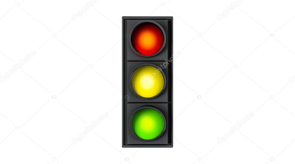 3D rendering, Realistic close up green, yellow and red traffic lights in front side view, traffic sign mock up design concept, isolated on white background.