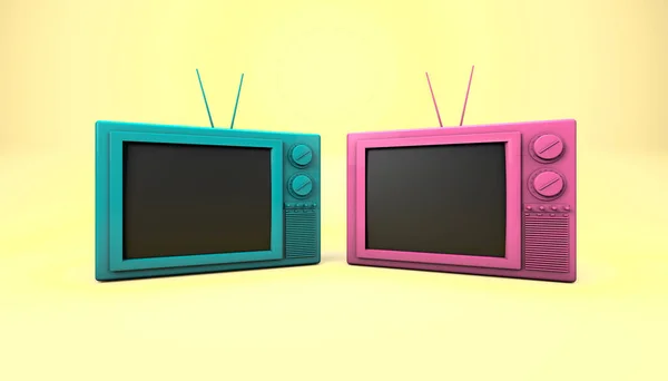 Рендеринг Крупним Планом Рожеві Зелені Телевізори Мультфільм Маскується Мінімальним Модним — стокове фото