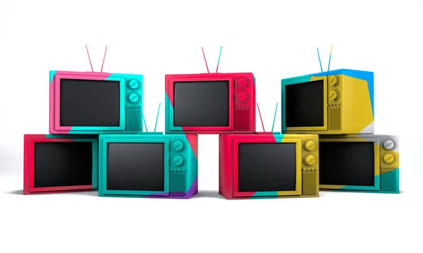 Rendering Stapel Van Kleurrijke Retro Televisie Cartoon Mock Met Minimale — Stockfoto