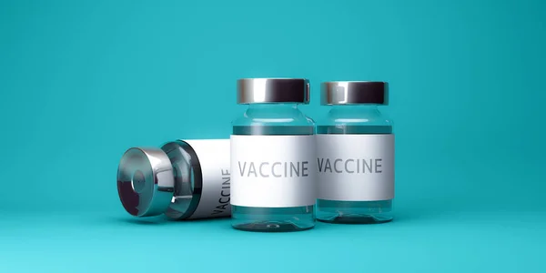 3D渲染 关闭Covid 19疫苗瓶或模拟瓶 用于演示设计概念的抗考拉病毒疫苗 绿色蓝色背景 — 图库照片