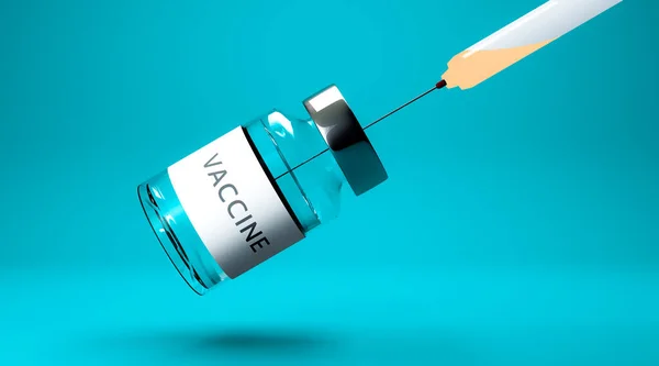 3D渲染 近距离注射器注射疫苗瓶或瓶子 用于演示设计概念的抗考拉病毒疫苗 绿色蓝色背景 — 图库照片