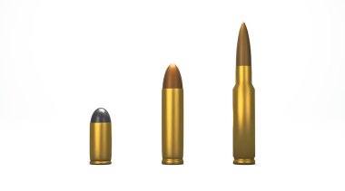 3D rendering, Close up 3 different category gun bullets mock up, isolated on white background.