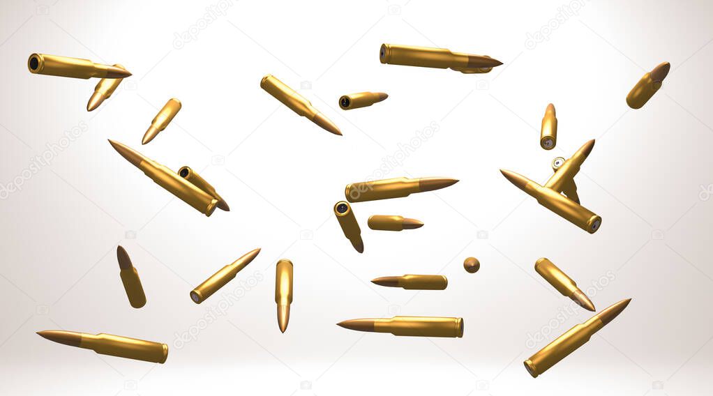 3D rendering, Close up military bullets falling in the air, white and shadow background.