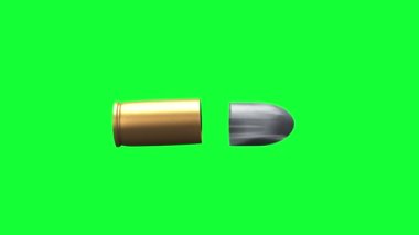 Close up pistol bullet when shooting out the shell, realistic mock up design, 3D rendering animation pack, green screen and isolated white background.
