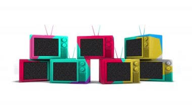 Pile of trendy colorful televisions, no signal screen display, blank empty space for add your copy or design, 3d rendering looping animation, isolated on white background.