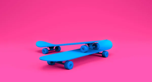 3D Rendering, Close up two stacking blue skateboards on the pink floor, Extreme sport equipment mock up design, isolated on pink background.