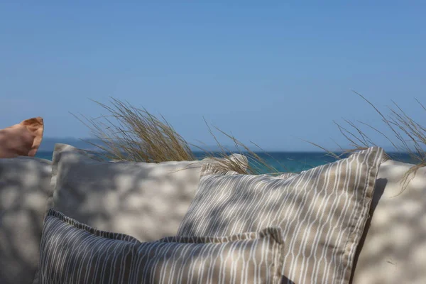 Plážový Bar Design Prvek Rozmazané Moře Nebe Pozadí Řecko Halkidiki — Stock fotografie