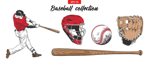Vektorgravierte Stilillustration Für Plakate Dekoration Handgezeichnetes Skizzenset Von Baseballspieler Helm — Stockvektor