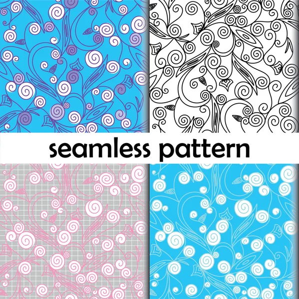 Four seamless textures with drawing curls and circles. — Stock Vector