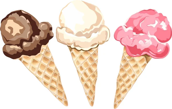 Vanilla, chocolate, strawberry ice cream in a cone — Stock Vector