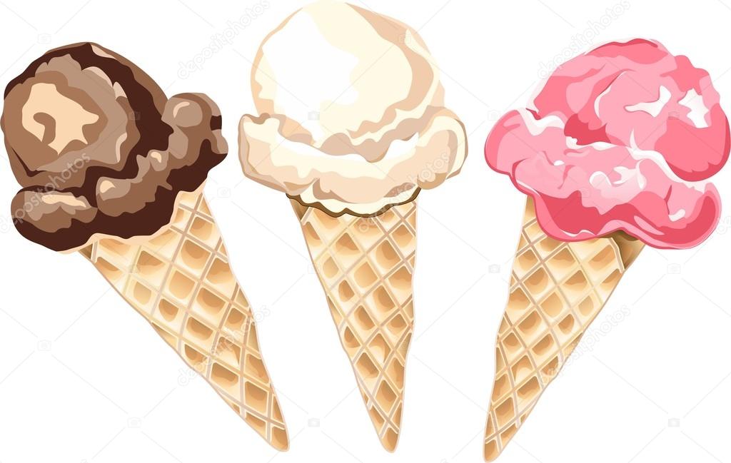 vanilla, chocolate, strawberry ice cream in a cone