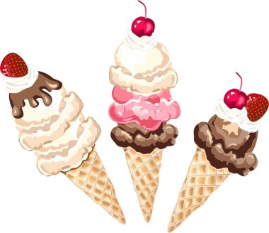 vanilya, çikolata, çilekli dondurma bir koni