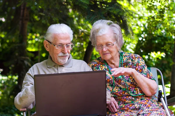 Casal de idosos se divertindo com o laptop ao ar livre — Fotografia de Stock