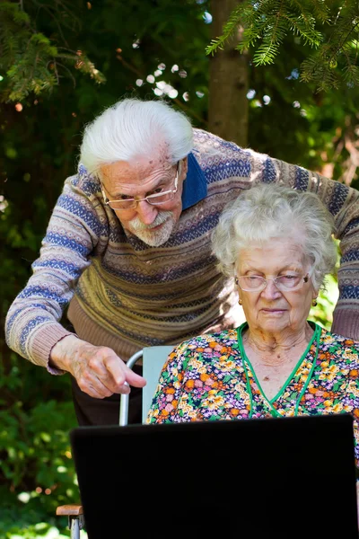 Casal de idosos se divertindo com o laptop ao ar livre — Fotografia de Stock