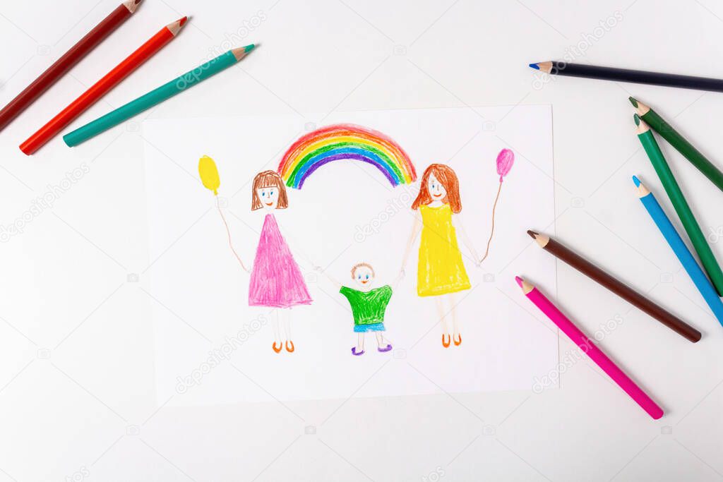 Childs drawing of LGBT family. Top view.