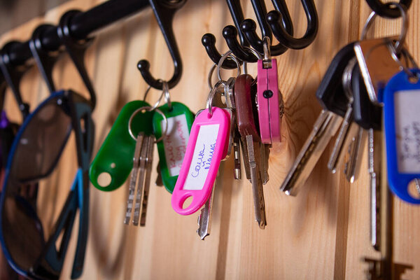 Pink keychain with copy space. Close up. 