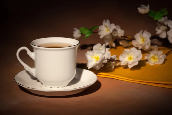 Natürmort fincan çay ve kiraz çiçeği ile — Stok fotoğraf