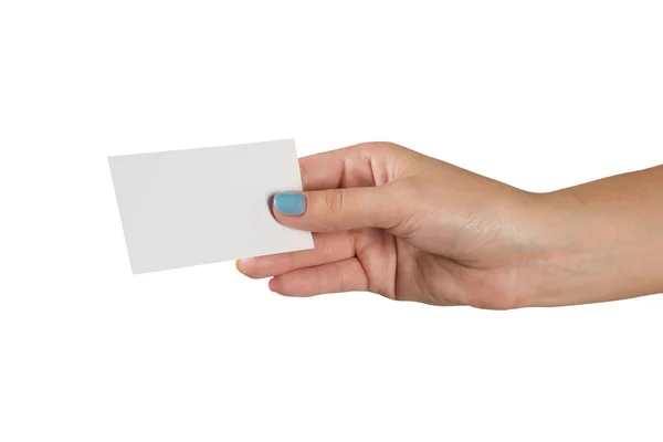 Mano femenina sosteniendo tarjeta de visita en blanco —  Fotos de Stock