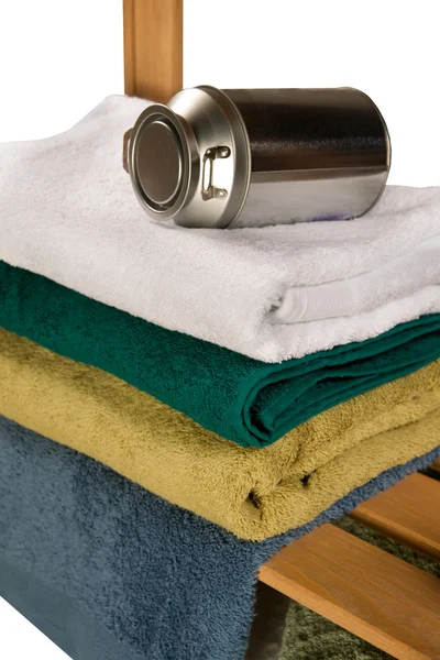 Terry towels with metal tin — Stock Photo, Image