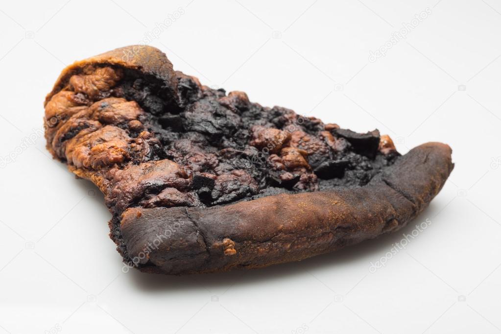 burnt slice of pizza on white background
