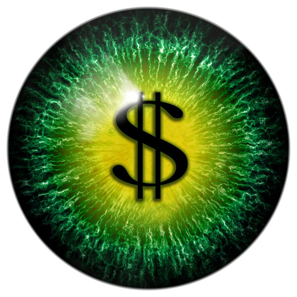 Green abstract mad business man eye with dollar pupil