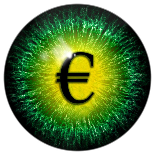 Green abstract mad business man eye with euro pupil
