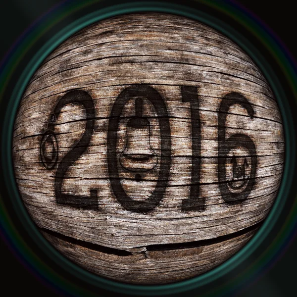 Año nuevo 2016 número de quemado en la vieja madera agrietada en el objetivo de la cámara, efecto de lente de ojo de pez — Foto de Stock