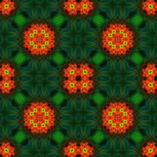 Patrón de cuadros verde abstracto con textura fractal floral naranja. Tejido de seda oriental . —  Fotos de Stock