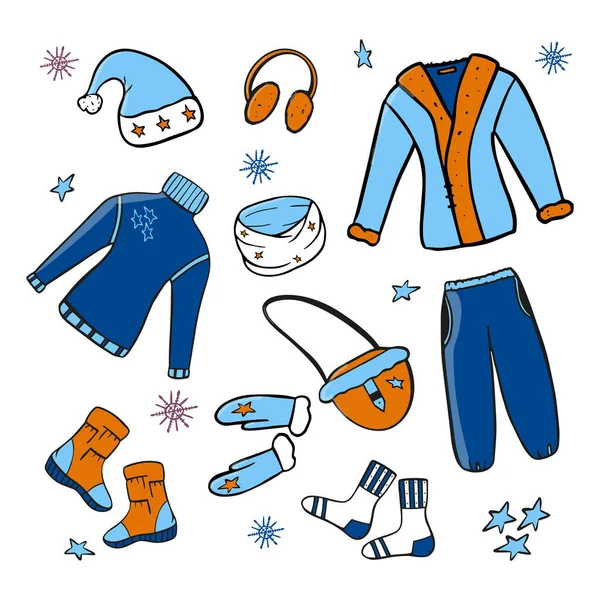 Handgezeichnetes Set für Winterbekleidung in Farbe zum Erstellen von Textildesigns, Postkarten, Kalendern, Fotorahmen. — Stockvektor