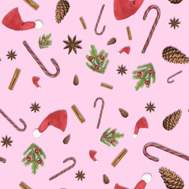 Noel Baba şapkası, Noel ağacı köknar dalları, anason yıldızı, tarçın çubuğu, şeker kamışı ve koni içeren 3 boyutlu kusursuz pembe arkaplan resmi. Yeni yıl için bir paket kağıdı konsepti