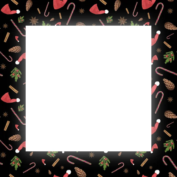 Открытка с бесшовной рамкой в красных шляпах Санта-Клауса, елка елка ветви, анисовая звезда, корица палочка, конфетка и конус для новогодних подарков на черном фоне. — стоковое фото