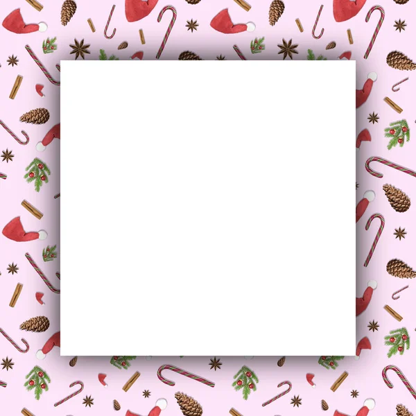 Ilustración 3D de la tarjeta de felicitación con un marco sin costuras con sombreros rojos de Santa Clause, ramas de abeto de árbol de Navidad, estrella de anís, bastón de canela, bastón de caramelo y cono para regalos de año nuevo en el rosa —  Fotos de Stock