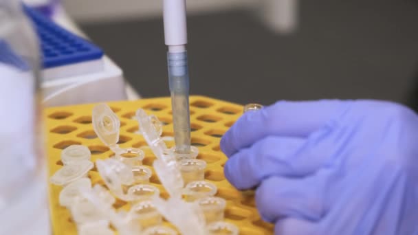 화학자들은 화학 약품을 혼합하여 실험실에서 코로나 바이러스에 대항하는 백신이나 의약품을 개발 한다 — 비디오