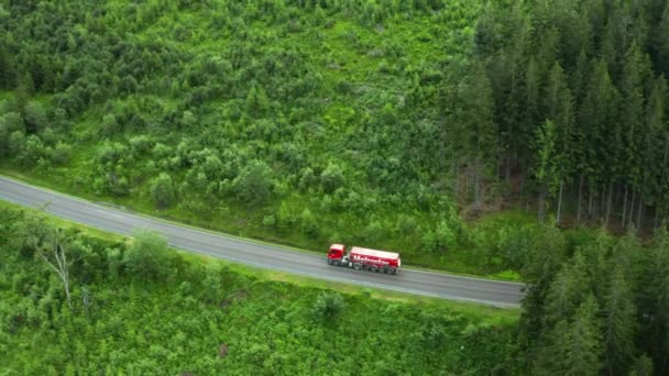 Imágenes aéreas del gran camión rojo que se mueve en la carretera en el bosque entre árboles verdes altos, septiembre 2020, Eslovaquia — Vídeos de Stock
