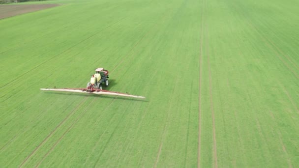 Filmagem aérea de trator fertilizando com produtos químicos um campo de trigo agricultura verde. — Vídeo de Stock