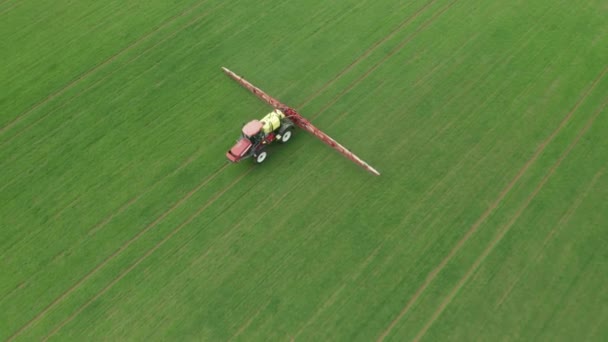Kimyasallarla gübrelenen traktörün hava görüntüleri. Yeşil tarım buğday tarlası.. — Stok video