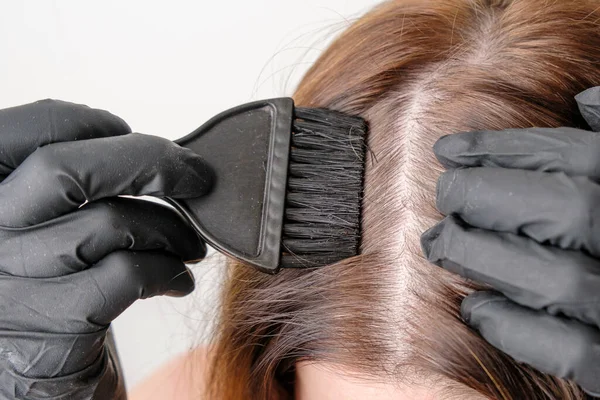 Coloração de raízes cinzas de cabelo em casa. Procedimento cosmético em casa. — Fotografia de Stock