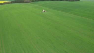 Tarım traktörünün tarlayı sürdüğü ve yeşil buğday tarlası püskürttüğü hava manzarası. Böcek ilacı, ot ilacı ya da böcek ilacı ile ekinlerin korunması