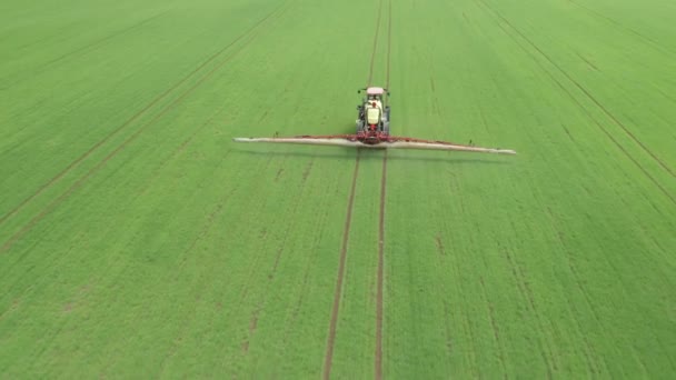 Letecké záběry traktoru hnojení s chemikáliemi zelené zemědělství pšeničné pole. — Stock video