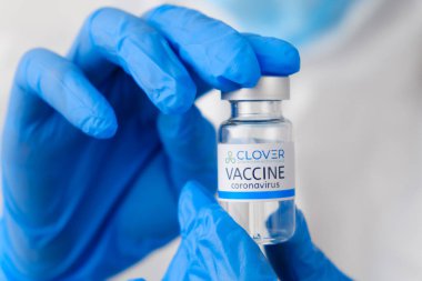 Doktorlarda Clover Coronavirus aşısı ya da hemşirelerde mavi lastik eldivenler. Sars-cov-2 veya Covid-19, Ocak 2021, San Francisco, ABD.