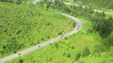 Yüksek yeşil ağaçlı dağlarda arabaları süren yılansı yolun havadan görünüşü.