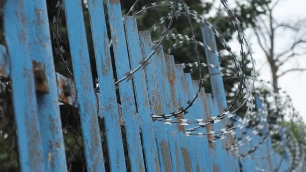 Ett staket med taggtråd nära fängelse eller mentalsjukhus. — Stockvideo