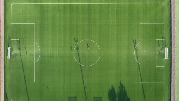 Vista superior en el campo de fútbol jugando al fútbol en un partido o campeonato importante — Vídeo de stock