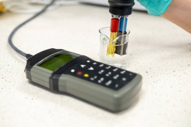 Standart tampon çözümleri kullanarak pH ölçerini ayarlayan eldivenli eller.