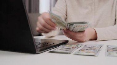 Bilgisayara finansal verileri girerken bize dolar sayan bir kadın. Muhasebe ve kişisel finans yönetimi kavramı.