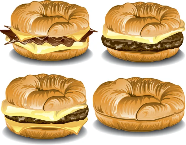 Surtido Sándwiches Croissant Incluyendo Tocino Huevo Queso Huevo Salchicha Queso — Archivo Imágenes Vectoriales