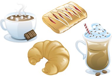 Dört farklı kafe yemek ikonu, buzlu kahve, sıcak çikolata, Danimarka çöreği ve bir kruvasan..