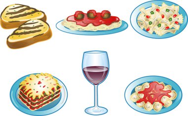 Çeşitli İtalyan yemek simgeleri veya sembollerinin çizimi.